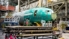 A Boeing Co. 777X airplane sits on the assembly floor at the company's facility in Everett, Washington, U.S., on Wednesday, March 6, 2020. The Boeing 777X airplane is scheduled to make its first flight on January 23. Photographer: Chona Kasinger/Bloomberg