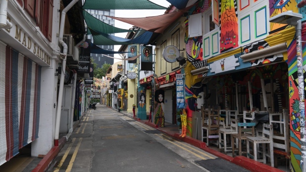 Stores and bars stand closed on Haji Lane during a partial lockdown imposed due to the coronavirus in Singapore on April 7. Photographer: Wei Leng Tay/Bloomberg