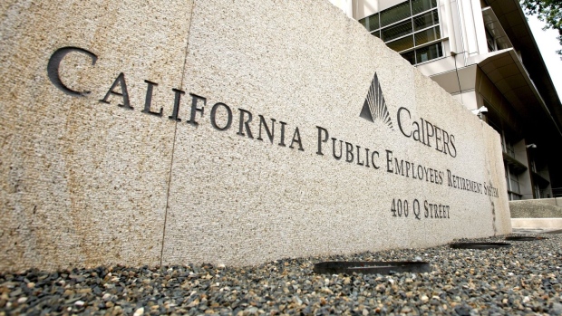 Signage stands outside the offices of the California Public Employees' Retirement System (Calpers) in Sacramento, California, U.S., on Monday, Sept. 13, 2010.