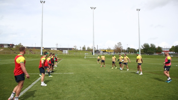 The Kangaroos warm up during an Australia Kangaroos Rugby League training session. Photographer: Phil Walter/Getty Images AsiaPac