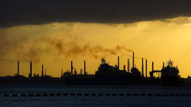 SINGAPORE - FEBRUARY 23: Vessels anchored in the water off Sentosa, with the ShellÕs Pulau Bukom oil refinery pictured in the background on February 23, 2020 in Singapore. (Photo by Suhaimi Abdullah/Getty Images)