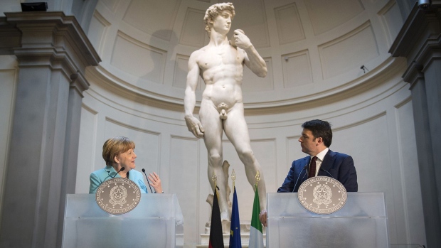 Angela Merkel and Matteo Renzi hold a press conference in Florence in 2015. Photographer: Guido Bergmann/Bundesregierung via Getty Images