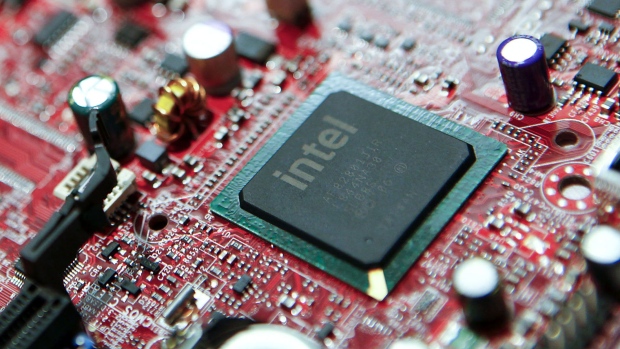 An Intel Corp. 32nm Westmere chip sits on display during the Microsoft Global Energy Forum in Houston, Texas, U.S.