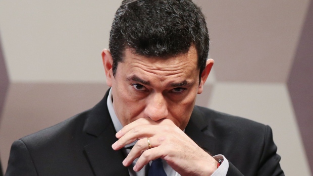 Sergio Moro, Brazil's minister of Justice, pauses while testifying before the Senate Justice and Constitution Committee in Brasilia, Brazil, on Wednesday, June 19, 2019. Moro said that there was no wrongdoing in the Carwash anti-corruption probe and that he can't tell if leaked messages with prosecutors were tampered with. Photographer: Andre Coelho/Bloomberg
