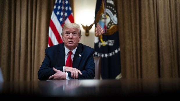 U.S. President Donald Trump speaks during a meeting with retail and lab testing executives in the Cabinet Room of the White House in Washington, D.C., U.S., on Monday, April 27, 2020.
