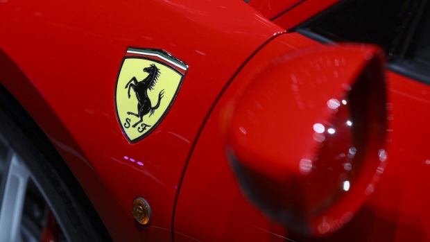 The prancing horse logo sits on a Ferrari NV 488 Pista automobile on day two of the 88th Geneva International Motor Show in Geneva, Switzerland.