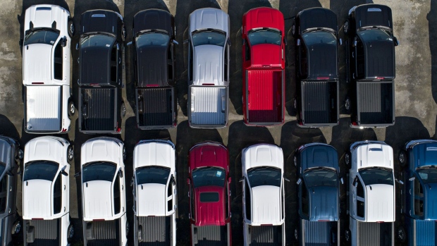 General Motors Co. Chevrolet Silverado trucks are displayed at a car dealership in this aerial image over Tinley Park, Illinois, U.S., on Monday, Sept. 30, 2019.