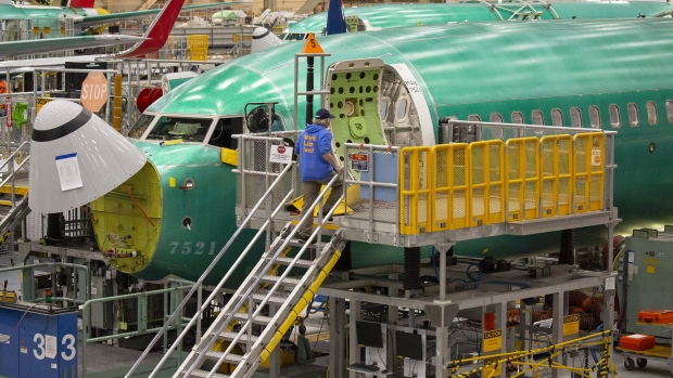 A Boeing Co. 737 Max airplane sits on the production line at the company's manufacturing facility in Renton, Washington. Photographer: David Ryder/Bloomberg