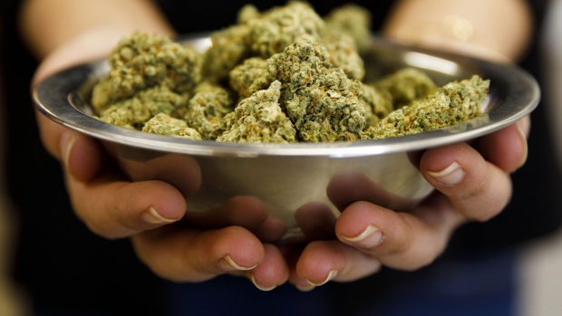 Jars of cannabis sit on a counter at the Harborside dispensary in Oakland, California, U.S., on Monday, March 23, 2020. California's shelter-in-place order vastly expands mandates put in place across the San Francisco Bay Area. It allows people in the most populous U.S. state to leave their homes for needed items like groceries and medicine, while otherwise requiring that they limit their social interactions. Photographer: David Paul Morris/Bloomberg