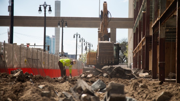 Construction resumes on a building off of Woodward Avenue in Detroit, Michigan, U.S., on Thursday, May 7, 2020.  