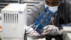 A worker tests electronic boards for bridge ventilators at Boyce Technologies Inc. in Long Island City in the Queens borough of New York, U.S., on Thursday, April 23, 2020. New York City Mayor Bill de Blasio announced in a press release a city-convened effort to produce a new line of bridge ventilators to support local hospitals by supplementing limited ventilator resources and to help shore up the New York City Strategic Reserve for future crises. Photographer: Mark Kauzlarich/Bloomberg