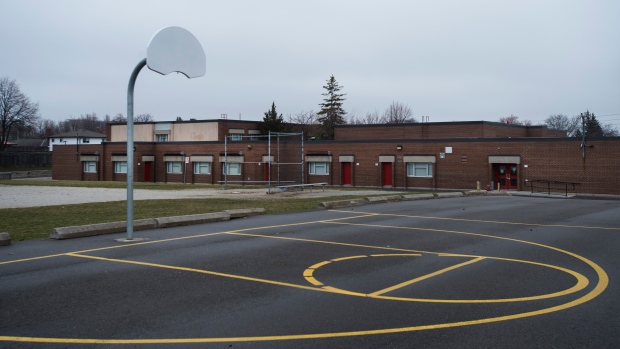 Basketball nets have been removed at the closed Tomken Road Middle School in Mississauga, Ont.