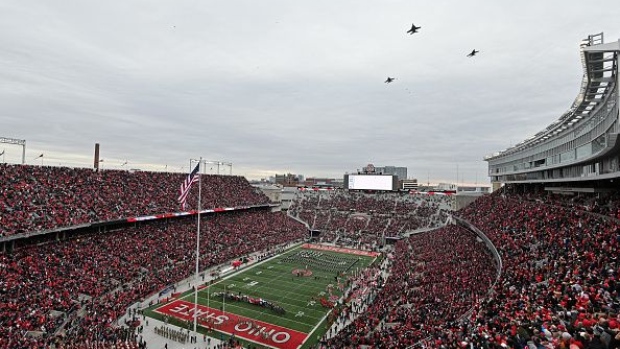 COLUMBUS, OH - NOVEMBER 9: Three F/A-18 jets perform a flyover before the start of the Maryland Terrapins at Ohio State Buckeyes football game at Ohio Stadium on November 9, 2019 in Columbus, Ohio. Ohio State defeated Maryland 73-14. (Photo by Jamie Sabau/Getty Images)