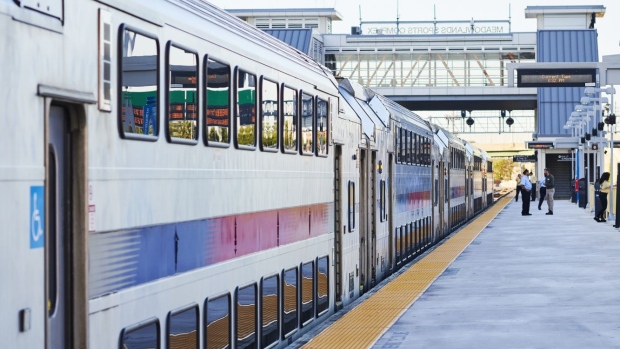 A New Jersey Transit train arrives at the Meadowlands stop in East Rutherford, New Jersey, U.S., on Thursday, Aug. 29, 2019. After 16 years of false starts, the behemoth American Dream retail and amusement complex is set to open just west of Manhattan. To get there, an expected 40 million visitors must join the traffic-choked roads of northern New Jersey. Photographer: Gabby Jones/Bloomberg