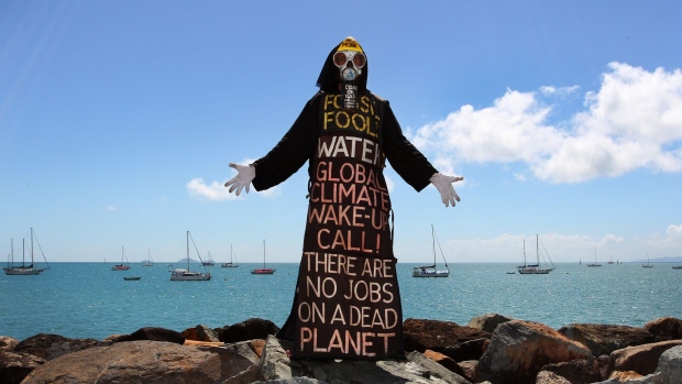 A performance artist protest during an anti Adani Carmichael Coal Mine rally in Airlie Beach, on April 26, 2019.