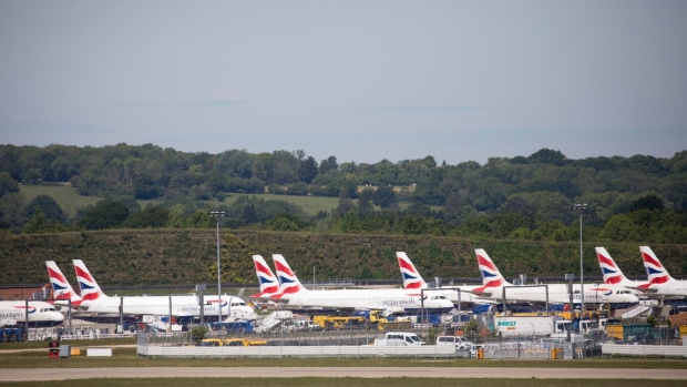 British Airways pkanes on the tarmac at London Gatwick Airport. Photographer: Jason Alden/Bloomberg