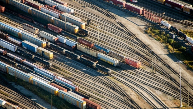 Freight trains and oil tankers sit in a rail yard in this aerial photograph taken above Toronto, Ontario, Canada, on Monday, Oct. 2, 2017.