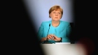 German Chancellor Angela Merkel speaks to the media following negotiations between the three parties, who make up the current German coalition government, over a federal aid package during the coronavirus crisis on June 3, 2020 in Berlin, Germany. The package, worth up to EUR 100 million, is meant to shore up the German economy while also providing social relief following the severe consequences of the pandemic. (Photo by Mika Schmidt-Pool/Getty Images)