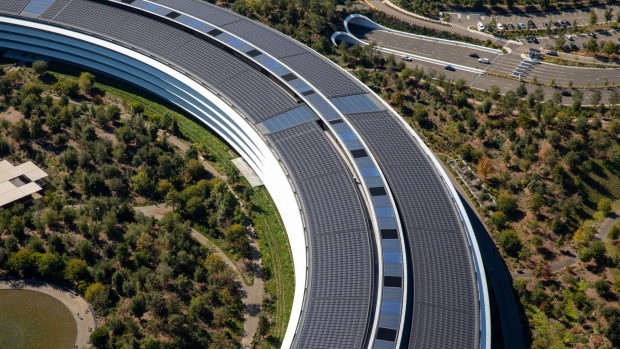 The Apple Park campus stands in this aerial photograph taken above Cupertino, California, U.S., on Wednesday, Oct. 23, 2019. Apple Inc. will report its fourth-quarter results next week, and based on the average analyst price target for the stock, Wall Street is feeling increasingly optimistic about the iPhone maker's prospects. Photographer: Sam Hall/Bloomberg