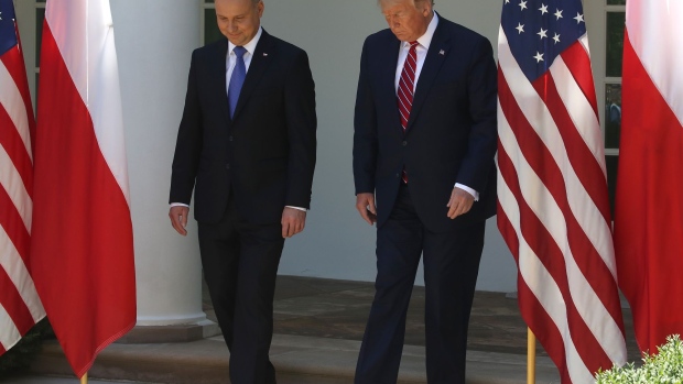 WASHINGTON, DC - JUNE 12: U.S. President Donald Trump and the President of Poland, Andrzej Duda arrive to a news conference in the Rose Garden at the White House on June 12, 2019 in Washington, DC. Later this evening President Trump will host a Polish-American reception in honor of the visiting president. (Photo by Mark Wilson/Getty Images)