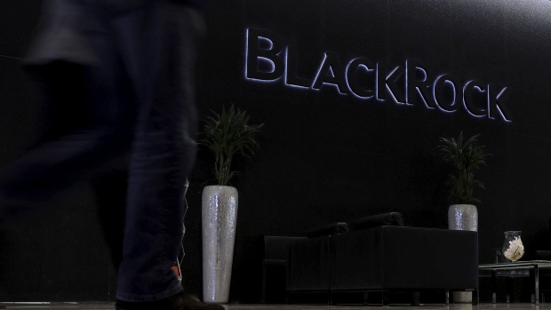 A logo sits on display in the atrium of the Blackrock Inc. offices in London. 