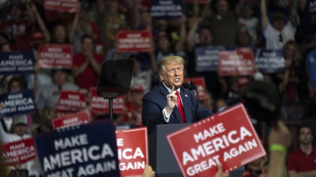 U.S. President Donald Trump speaks during a rally in Tulsa, Oklahoma, U.S., on Saturday, June 20, 2020. Trump's first campaign rally since the coronavirus pandemic took hold in the U.S. drew far fewer supporters than the president and his advisers had predicted, a downbeat end to a day of controversy over efforts to oust a top prosecutor in New York.