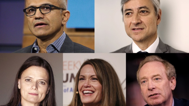 Microsoft's leadership team: Satya Nadella, from left, Jean-Philippe Courtois, Amy Hood, Peggy Johnson, and Brad Smith Source: Bloomberg (5)/Bloomberg