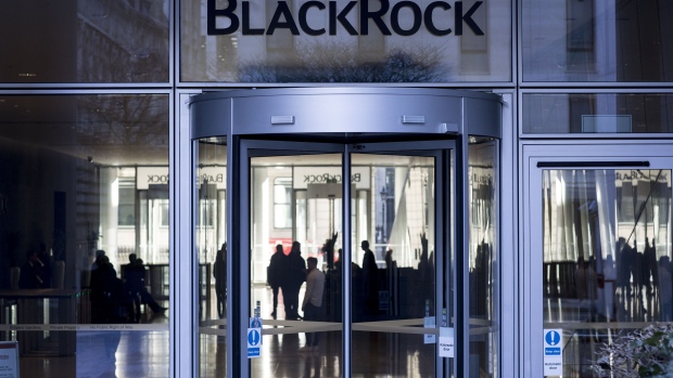 A logo sits on display at the entrance to the Blackrock Inc. offices in London, U.K., on Friday, Feb. 7, 2020. An early front-runner for a successor as the Bank of Canada governor is Jean Boivin, the head of BlackRock Inc.’s research unit in London and a Carney protege who was brought to the Bank of Canada in 2010 from academia. Photographer: Simon Dawson/Bloomberg