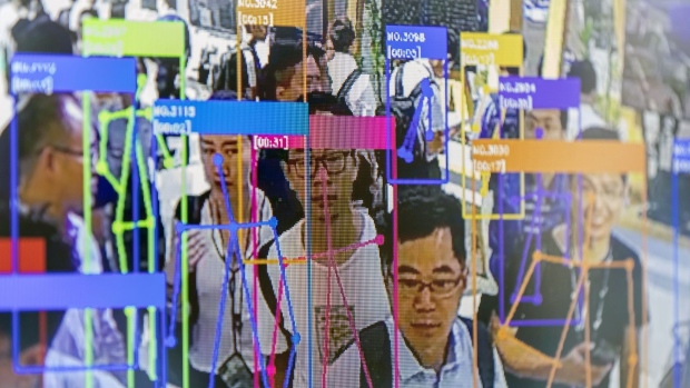 A screen demonstrates facial-recognition technology at the World Artificial Intelligence Conference in Shanghai, China in 2019.