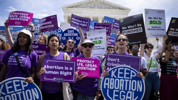 Pro-choice activists holds signs during a rally in front of the U.S. Supreme Court. Photographer: Anna Moneymaker/Bloomberg