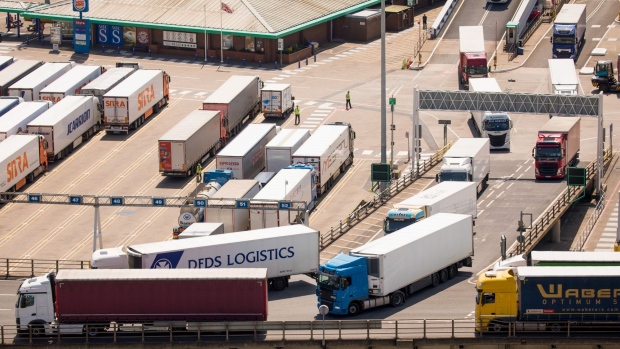 Lorries arrive from a ferry at the Port of Dover on May 27, 2020. Photographer: Jason Alden/Bloomberg