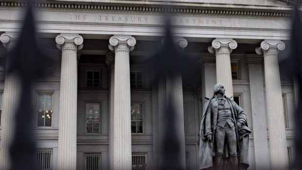 The U.S. Treasury building stands in Washington, D.C., U.S., on Wednesday, May 20, 2020. Treasury Secretary Steven Mnuchin said he plans to use all of the $500 billion that Congress provided to help the economy through direct lending from his agency and by backstopping Federal Reserve lending programs.