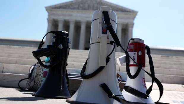 WASHINGTON, DC - JUNE 29: Bullhorns are placed on the ground during a demonstration in front of the U.S. Supreme Court June 29, 2020 in Washington, DC. The Supreme Court has ruled today, in a 5-4 decision, a Louisiana law that required abortion doctors need admitting privileges to nearby hospitals unconstitutional. (Photo by Alex Wong/Getty Images)