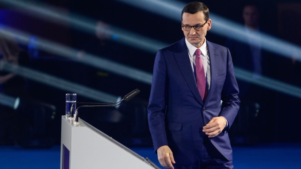 KRAKOW, POLAND - MAY 19: Poland's Prime Miniter, Mateusz Morawiecki delivers a speech during a campaign convention on May 19, 2019 in Krakow, Poland. Poland's ruling Law and Justice Party, a conservative right-wing party with close ties to the Polish Church, could suffer in the forthcoming EU elections due to a recent Polish documentary on clergy paedophilia that has shocked the devout nation. (Photo by Omar Marques/Getty Images) Photographer: Omar Marques/Getty Images Europe