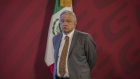 Andres Manuel Lopez Obrador, Mexico's president, stands during a news conference at the National Palace in Mexico City, Mexico, on Tuesday, June 23, 2020. Obrador said he would keep an eye out for electoral fraud in the upcoming 2021 mid-term legislative elections without interfering with the Mexico's National Electoral Institute, INE. Photographer: Alejandro Cegarra/Bloomberg
