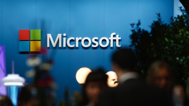 A logo sits on display outside the Microsoft Corp. pavilion at the Mobile World Congress in Barcelona.