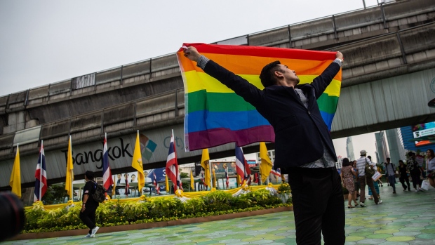 BANGKOK, THAILAND - MAY 17: Thai People Rally for LGBT rights in recognition of the International Day Against Homophobia, Transphobia and Biphobia at an event outside the Bangkok Arts and Culture Center on May 17, 2019 in Bangkok, Thailand. Today, Taiwan's parliament became the first in Asia to legalize same-sex marriage after lawmakers voted on Friday to allow same-sex couples full legal marriage rights, including areas in taxes, insurance and child custody. IDAHOT is an international display of solidarity with the LGBT community, in recognition of their advancements, and the ongoing discrimination and rights violations they face. (Photo by Lauren DeCicca/Getty Images)