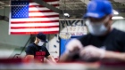 Workers wearing protective masks and gloves assemble face shields at the Cartamundi-owned Hasbro manufacturing facility in East Longmeadow, Massachusetts, U.S., on Wednesday, April 29, 2020. The factory is making 50,000 face shields per week for hospitals in Massachusetts and Rhode Island, Governor Charlie Baker said. Photographer: Adam Glanzman/Bloomberg