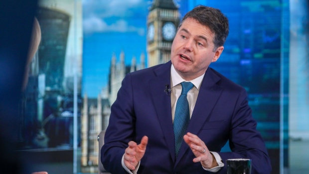 Paschal Donohoe, Ireland's finance minister, gestures during a Bloomberg Television interview in London, U.K., on Friday, March 15, 2019. The European Union has no wish to "trap" the U.K. in the so-called backstop, Donohoe said, as he urged lawmakers in London to back Theresa May’s plan for exiting the bloc.