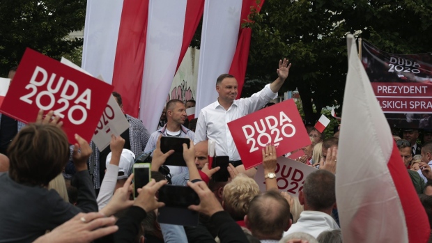 Rafal Trzaskowski speaks during an election campaign rally in Warsaw, on June 26. Photographer: Piotr Malecki/Bloomberg