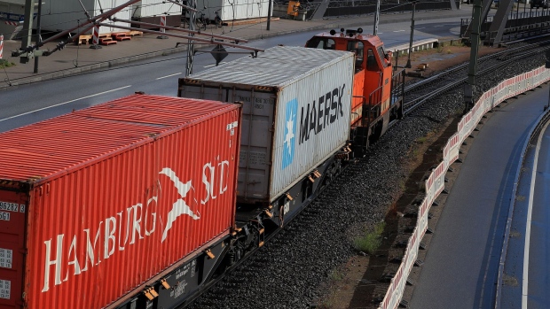 A railway cargo train transports shipping containers from the Port of Hamburg in Hamburg, Germany, on Sunday, June 7, 2020. German industrial production took a record-hit in April, before a gradual easing of lockdown restrictions set off an ever-so-slow recovery.