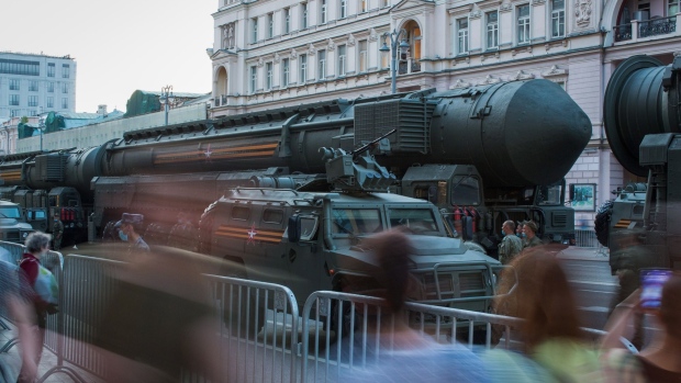 A vehicle transports a RS-24 Yars strategic nuclear missile along a street during a Victory Day rehearsal in Moscow, Russia, on Wednesday, June 17, 2020. Russian President Vladimir Putin postponed the traditional May 9 parade in April because of the coronavirus.