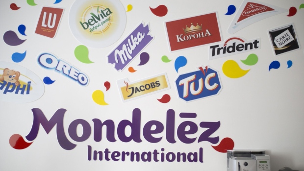 The logos of food and confectionery brands sit on display on a wall at the Trostyanets confectionery plant, operated by Mondelez International in Trostyanets, Ukraine.