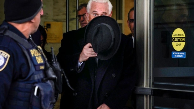 WASHINGTON, DC - FEBRUARY 20: (EDITOR'S NOTE: Alternate crop.) Roger Stone, former adviser to U.S. President Donald Trump, exits the E. Barrett Prettyman United States Courthouse on February 20, 2020 in Washington, DC. Stone was sentenced to 40 months in prison for his convictions of witness tampering and lying to Congress. (Photo by Drew Angerer/Getty Images)