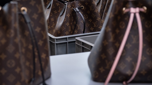 Louis Vuitton luxury hangbags sit after manufacture at the workshop in Beaulieu-sur-Layon, France. Photographer: Balint Porneczi/Bloomberg