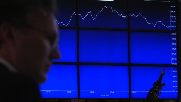 The AEX index curve is displayed inside the Amsterdam Stock Exchange, operated by Euronext NV, in Amsterdam, Netherlands, on Tuesday, June 16, 2020. For two years in a row, Europe’s largest stock-market listings have taken place in Amsterdam, which has beguiled companies with a deep pool of international investors and corporate governance norms that tilt in favor of management teams. Photographer: Yuriko Nakao/Bloomberg