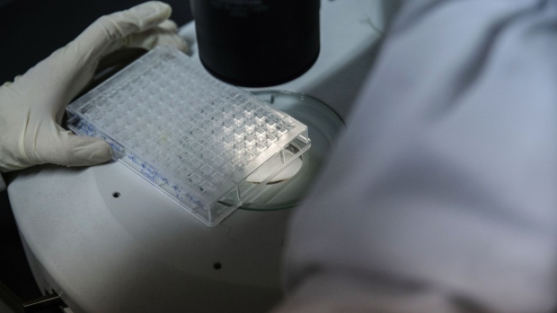 A researcher inspects samples inside a laboratory at BeiGene Ltd.'s research and development center in Beijing, China, on Thursday, May 24, 2018. Biotech company BeiGeneis worth about$9 billion on the Nasdaq, a multiple of about seven times its 2016 IPO, and its experimentalcancerdrugs are being closely watched globally. Photographer: Bloomberg/Bloomberg