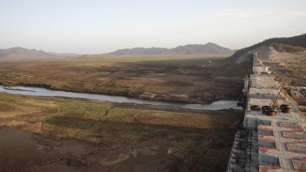The Blue Nile river flows to the dam wall at the site of the under-construction Grand Ethiopian Renaissance Dam in the Benishangul-Gumuz Region of Ethiopia in 2019.