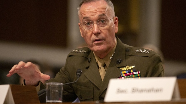 General Joseph Dunford, chairman of the Joint Chiefs of Staff, speaks during a Senate Armed Services Committee hearing in Washington, D.C., U.S., on Thursday, April 11, 2019. A slew of overlapping White House and Pentagon proposals to reshape U.S. military space operations, development and acquisition "could present considerable challenges" to the Pentagon's effective functioning in the next war-fighting realm, according to a report from Congress's research arm.
