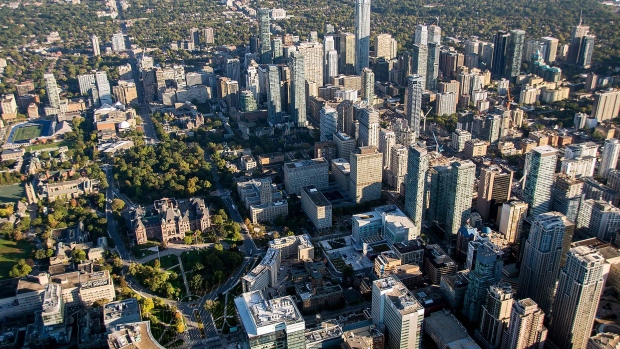 Buildings stand in the downtown skyline in this aerial photograph taken above Toronto, Ontario, Canada, on Monday, Oct. 2, 2017. 